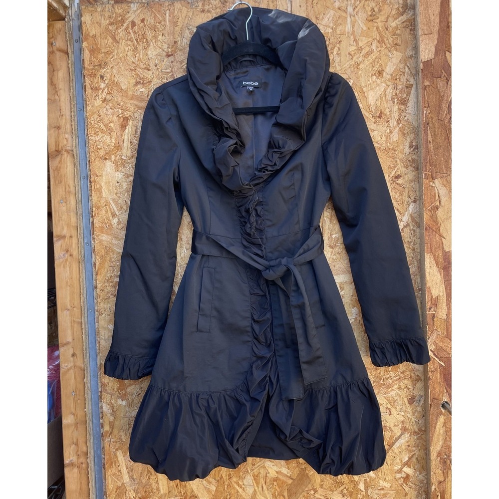 Y2K Bebe Trench Coat XS Black Taffeta Ruffle Collar Bubble Hem Victorian